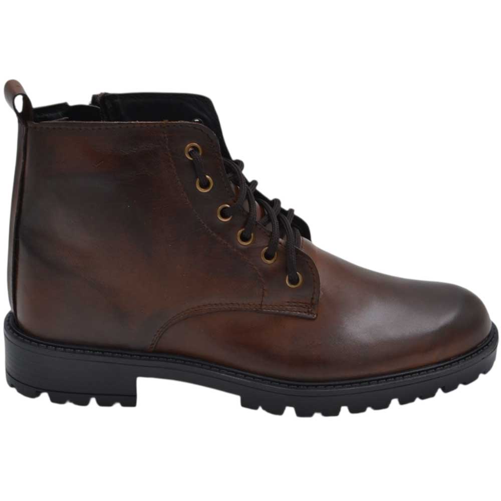 Scarpe stivale uomo anfibio lacci vera pelle cuoio suola gomma zigrinata 2,5 cm zip comfort basic made in italy.