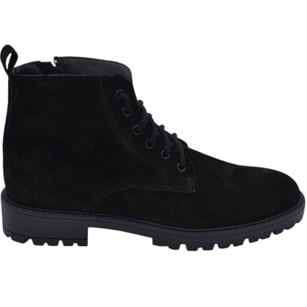 Scarpe stivale uomo anfibio lacci vera pelle camoscio nera suola gomma zigrinata 2,5 cm zip comfort basic made in italy.