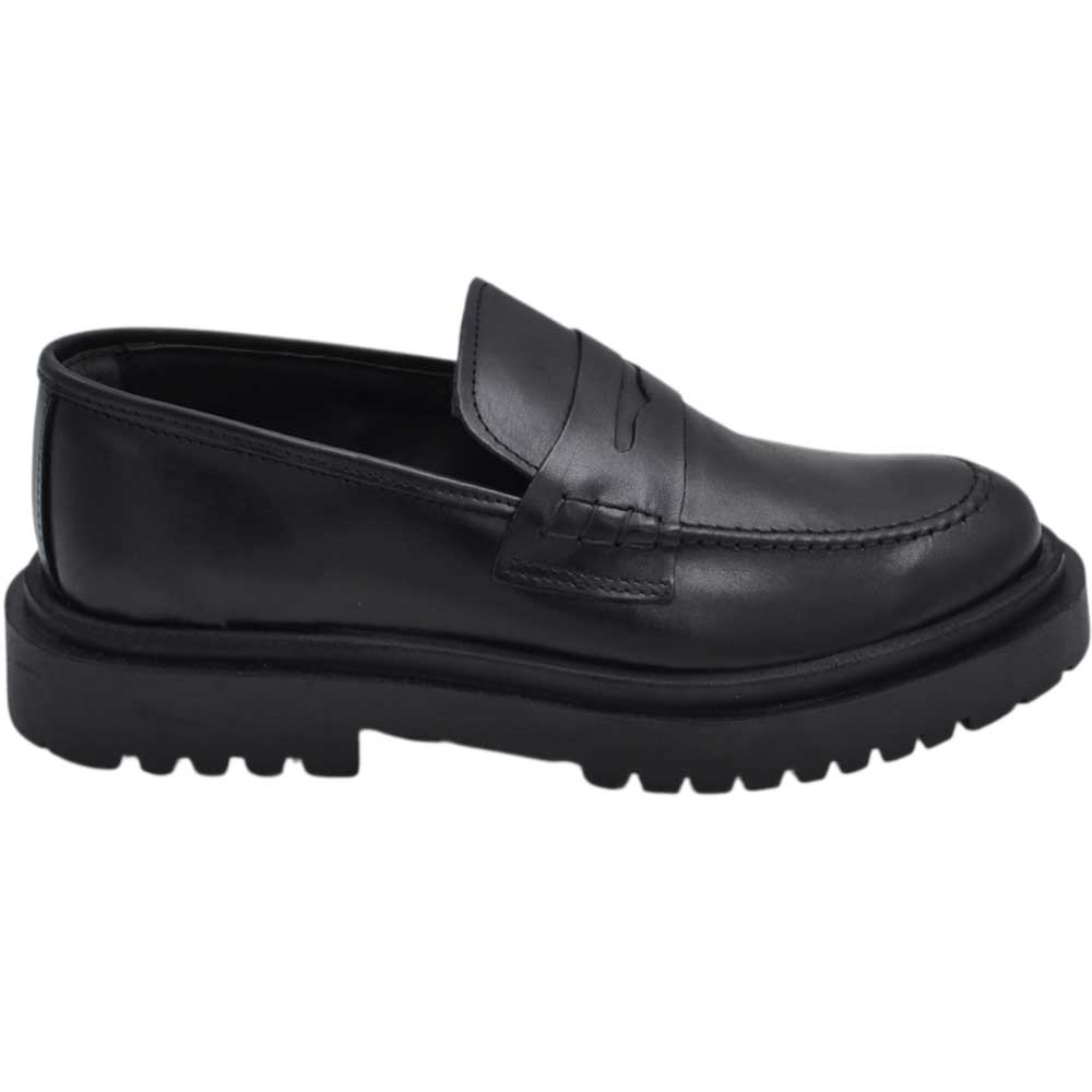 Scarpe uomo mocassino con bendina nero in vera pelle spazzolata business fondo gomma zigrinato alto