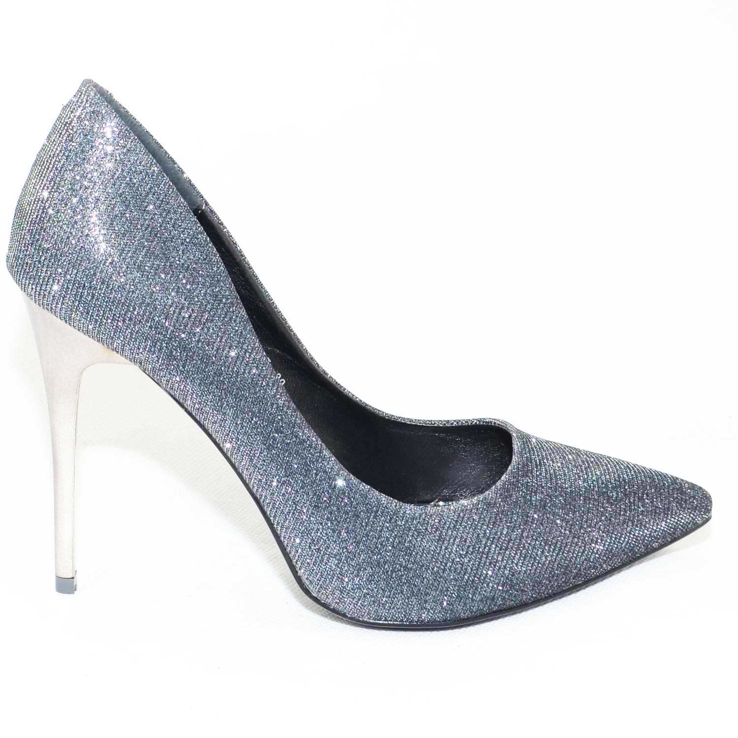scarpe donna eleganti moda a punta in tessuto glitterato grigio tacco a spillo lucido glamour