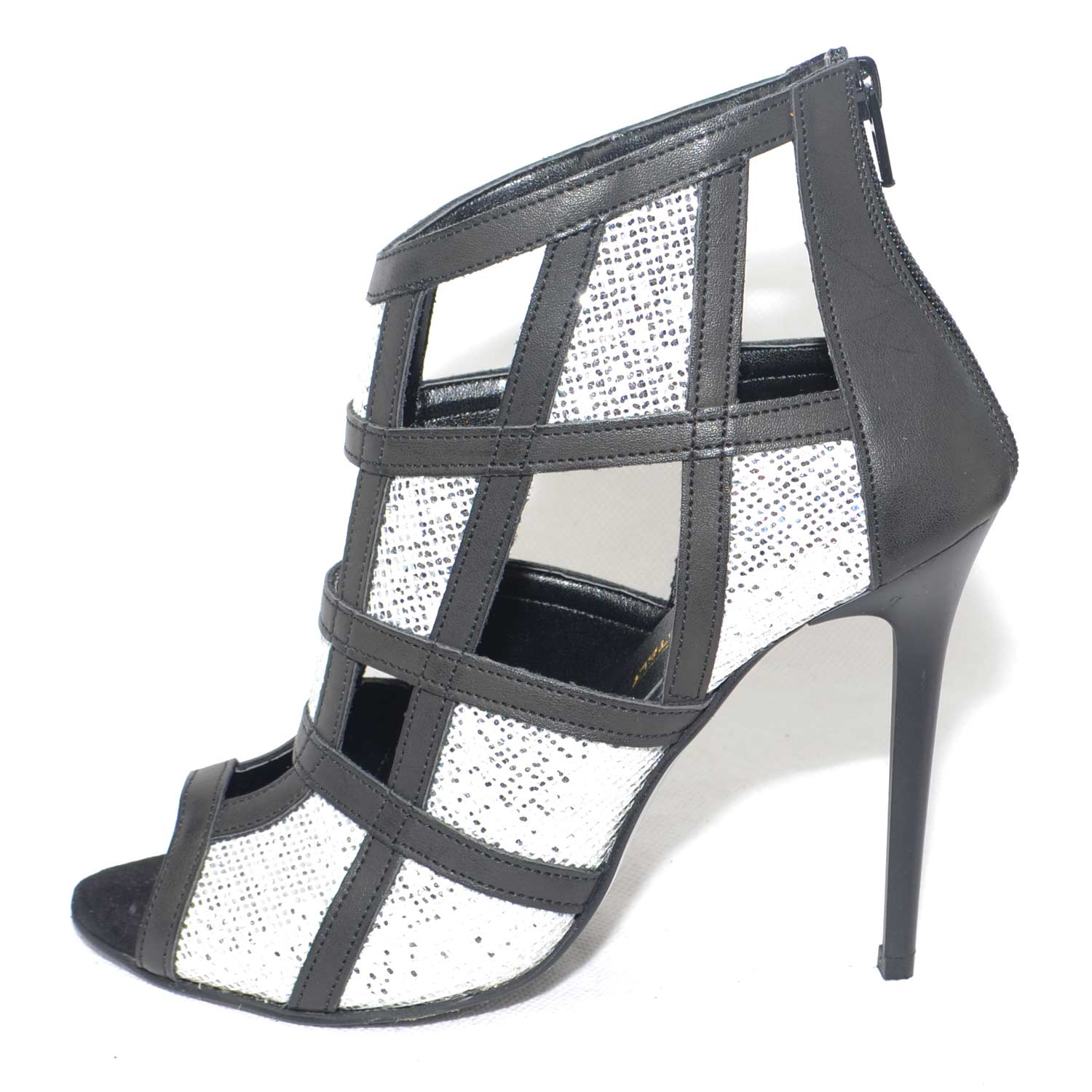 Scarpe tronchetto donna a scacchi forma quadrata forato in pelle nero e  glitter argento tacco a spillo vera pelle donna tronchetti Malu Shoes |  MaluShoes