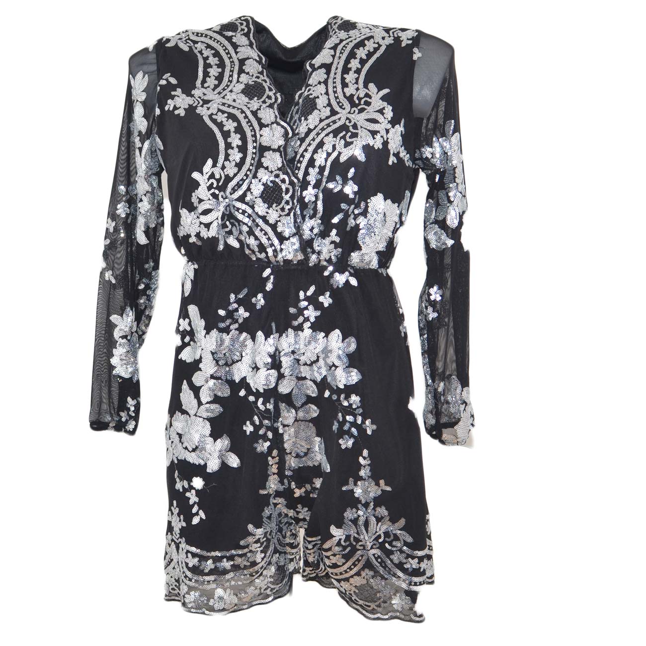 Tutina donna nera ricamata a manica lunga con paillette argento fantasia astratta e scollo a V da sera elegante