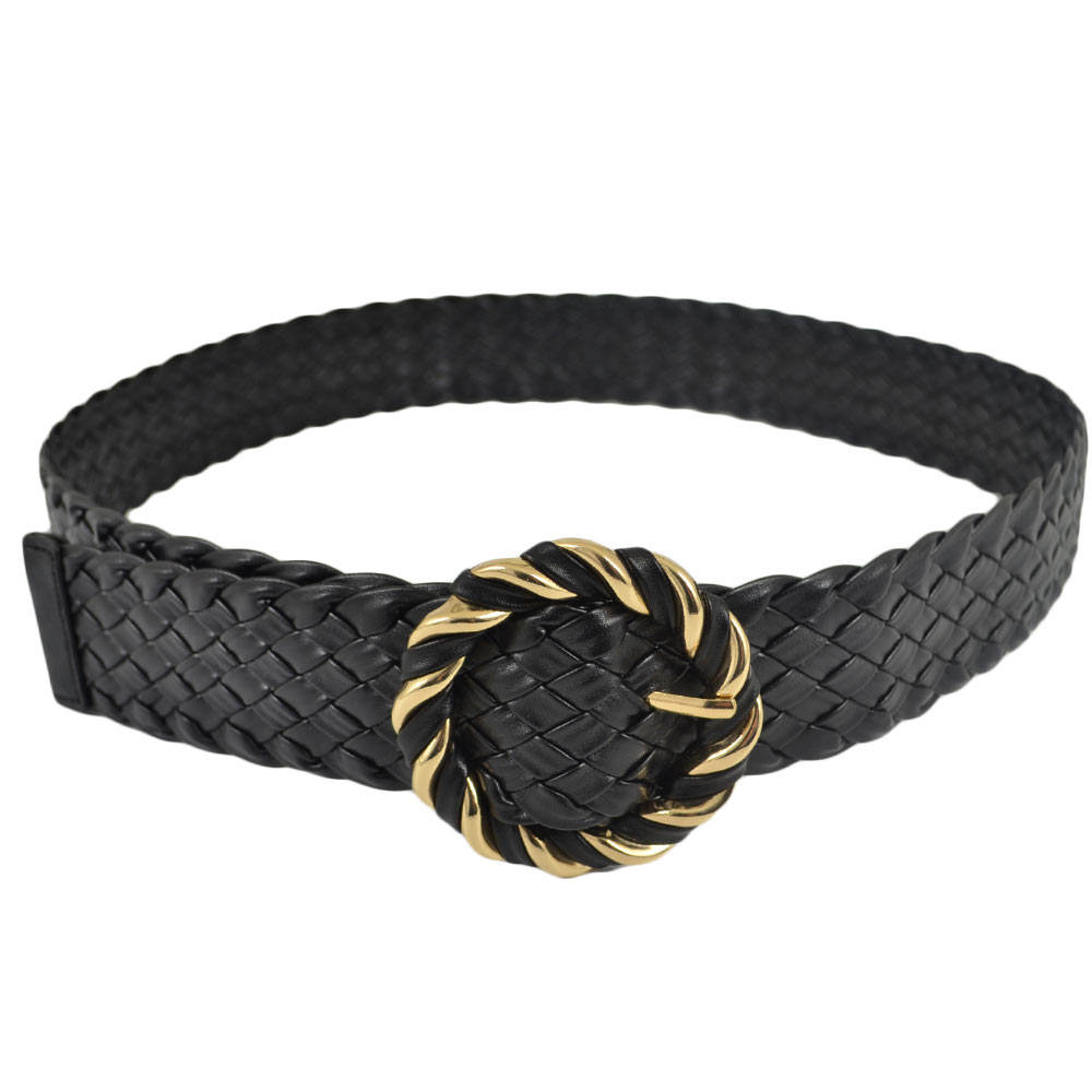 CINTURA DONNA INTRECCIATA IN ECOPELLE NERA CON FIBBIA ROTONDA IN METALLO ORO\NERO  