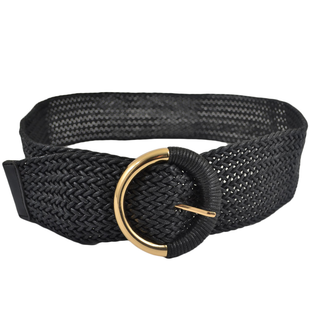 CINTURA DONNA INTRECCIATA IN TESSUTO NERA CON FIBBIA ROTONDA IN METALLO ORO\NERO LARGHEZZA 5 CM  