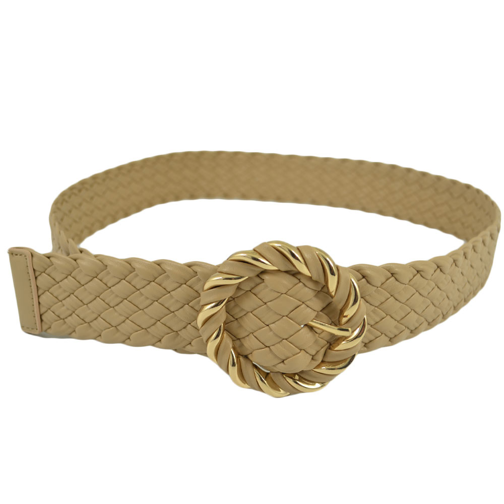 CINTURA DONNA INTRECCIATA IN ECOPELLE BEIGE CON FIBBIA ROTONDA IN METALLO ORO\BEIGE  