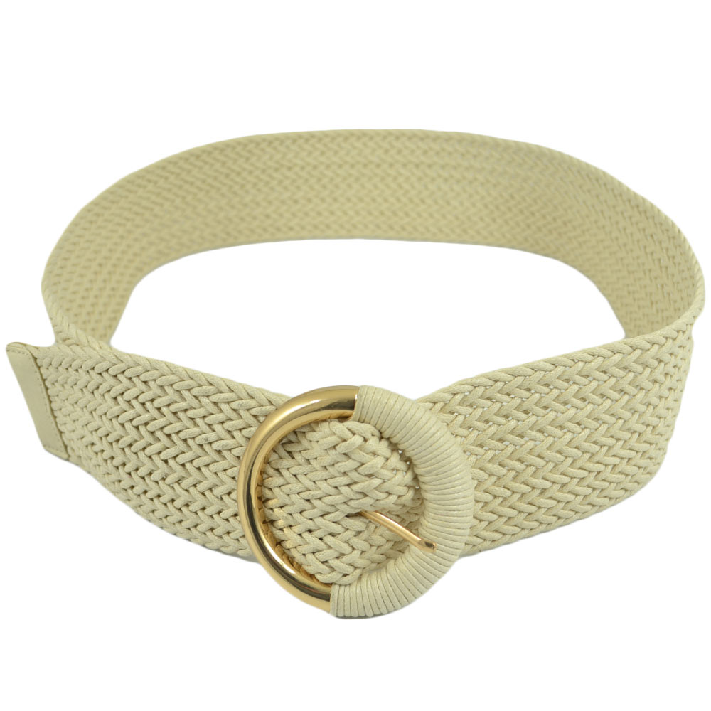 CINTURA DONNA INTRECCIATA IN TESSUTO BEIGE CON FIBBIA ROTONDA IN METALLO ORO\BEIGE LARGHEZZA 5 CM  