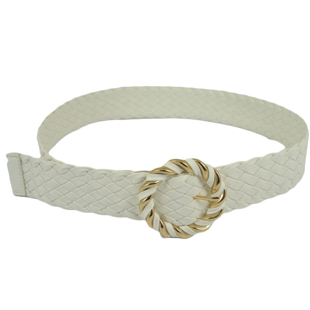 CINTURA DONNA INTRECCIATA IN ECOPELLE BIANCA CON FIBBIA ROTONDA IN METALLO ORO\BIANCO  