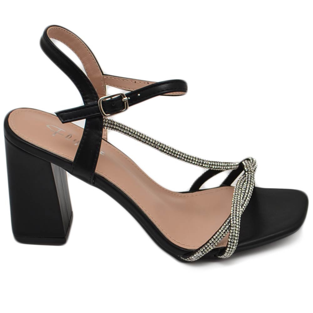 Sandalo donna ecopelle nera gioiello argento sabot aperto dietro con chiusura caviglia tacco 7cm incrociato sul piede