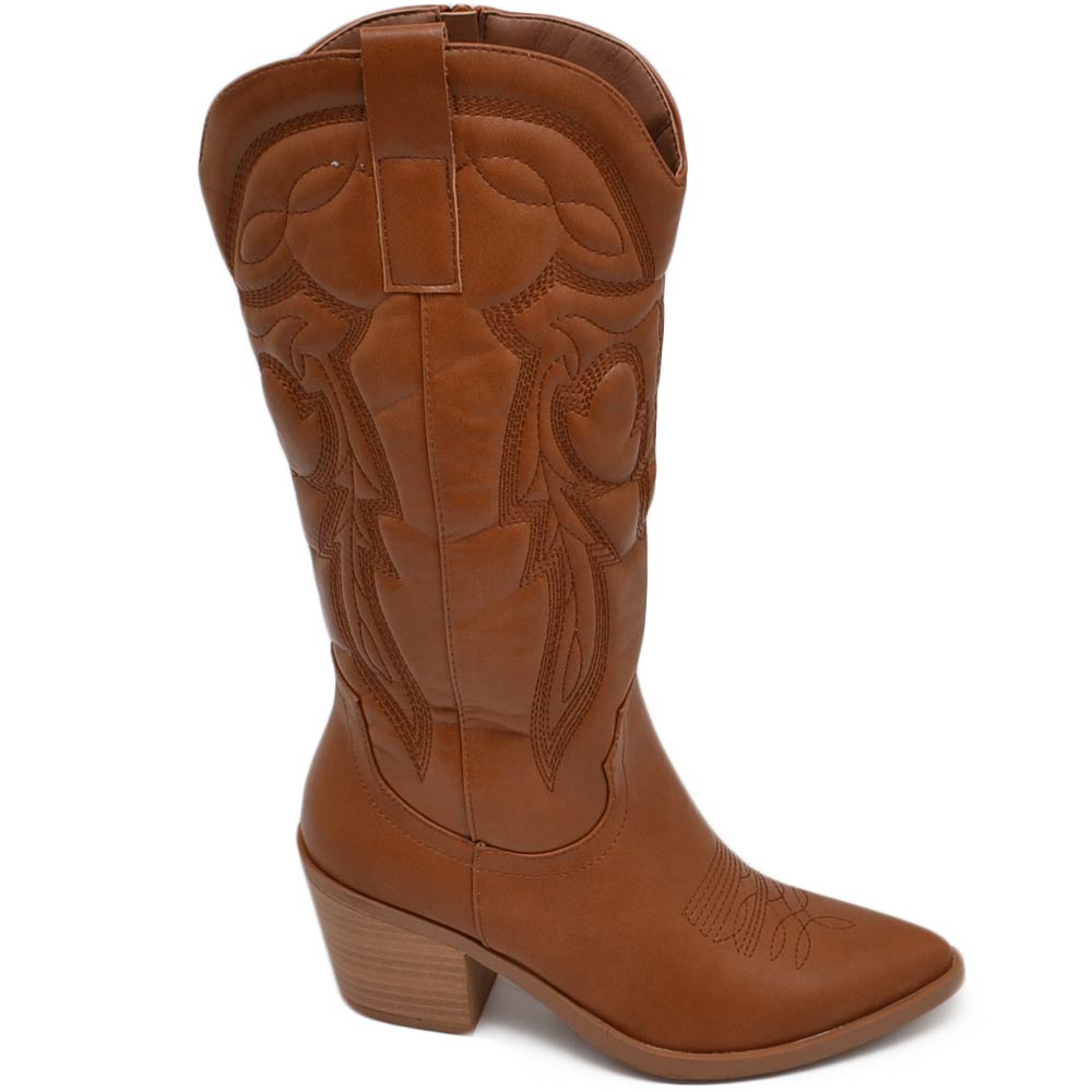 Stivali donna camperos cuoio texani stile western con cuciture in rilievo fulmine tacco legno 5 cm con zip laterale