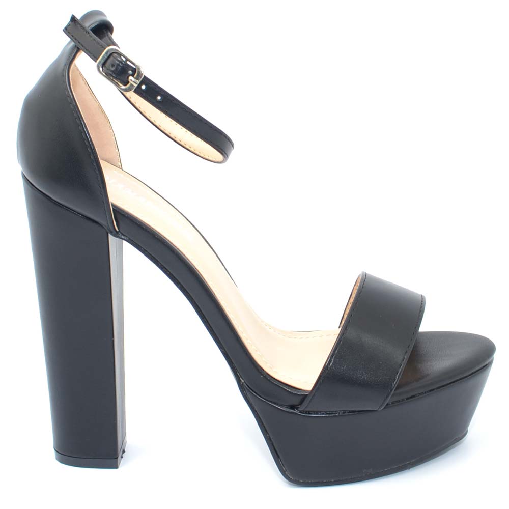 Sandalo donna nero in ecopelle tacco largo alto 15 cm plateau 4 cm cinturino alla caviglia linea basic moda tendenza