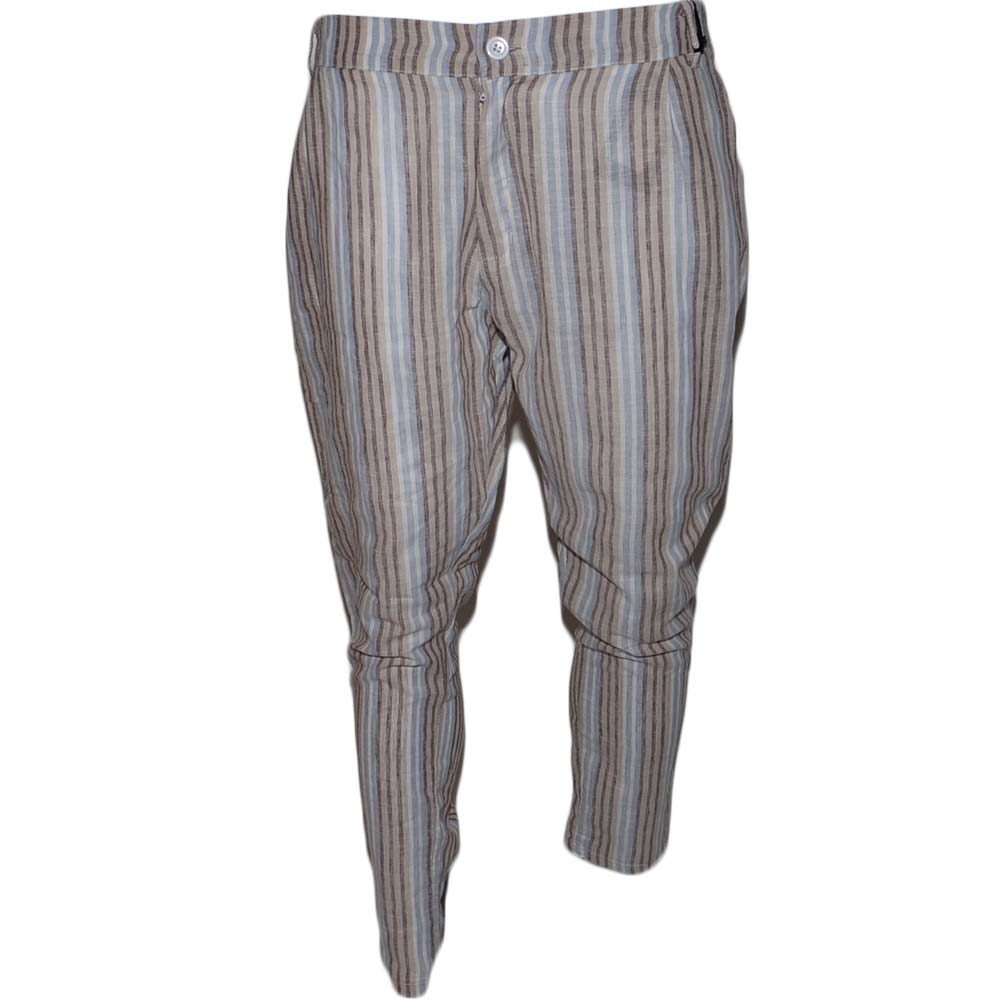 Pantaloni uomo in lino cavallo basso fantasie righe beige e bianco slim a righe da uomo coulisse moda giovanile.