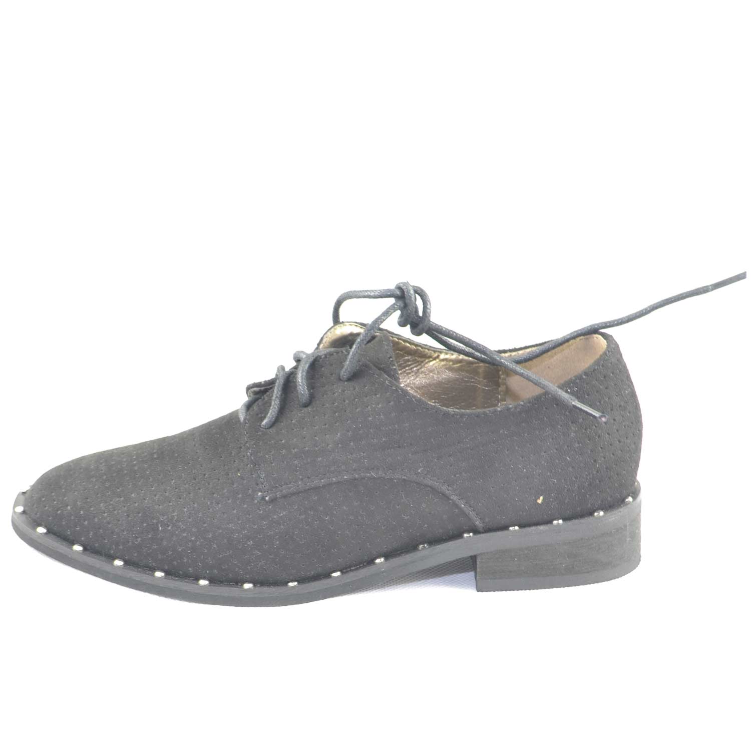 Scarpe donna francesine parigine estive camoscio nero forato fondo applicazioni borchiate