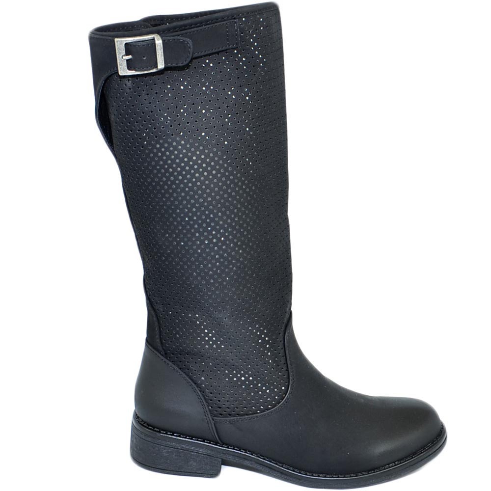 Stivali donna biker estivi nero gambale forato senza tacco altezza polpaccio comodo con zip e fibbia casual fresco