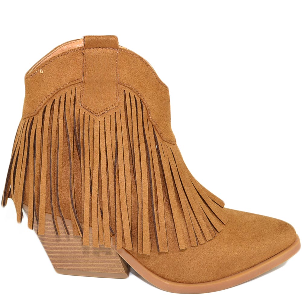 Stivaletto donna tronchetto estivo camperos texano scamosciato cuoio con frange e zip tacco western gomma comodo