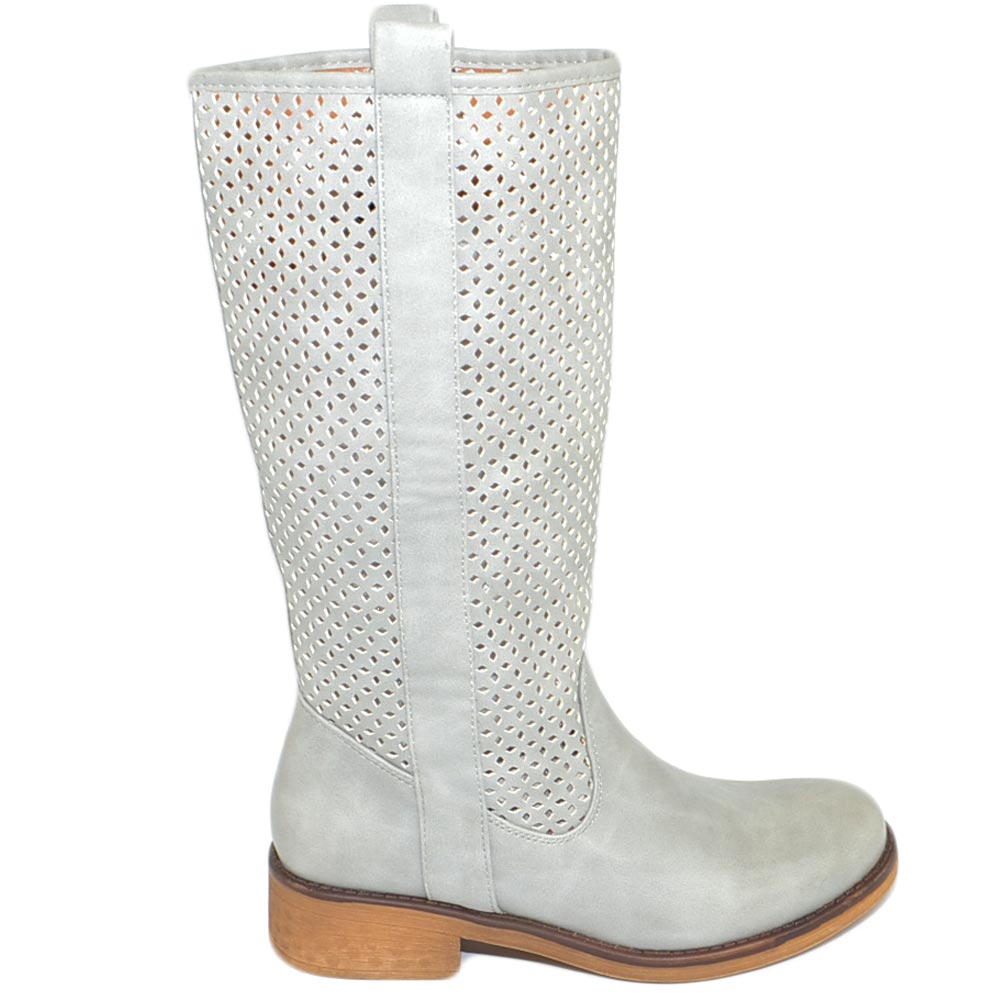 Stivali donna biker estivi grigio ghiaccio gambale forato tacco basso altezza polpaccio comodo  striscia casual fresco