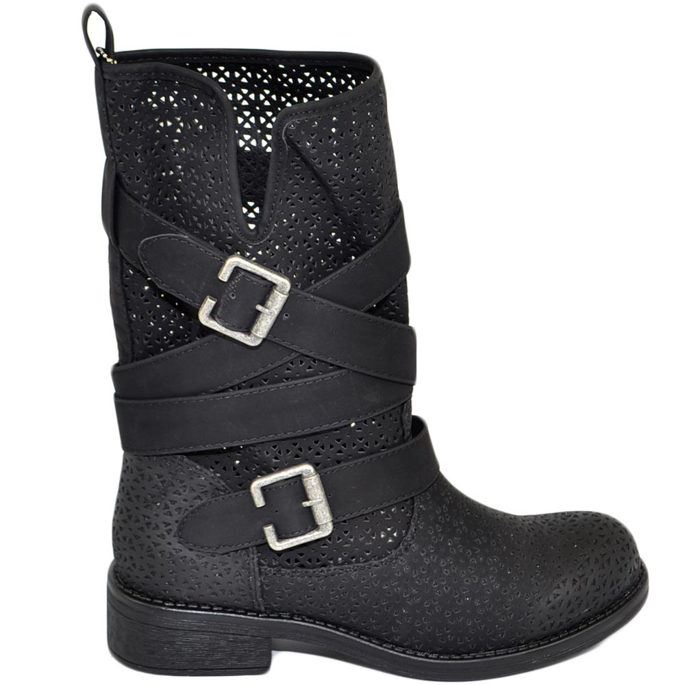 Stivali donna biker estivi nero gambale forato altezza meta' polpaccio comodo con zip e doppia fibbia casual moda fresco