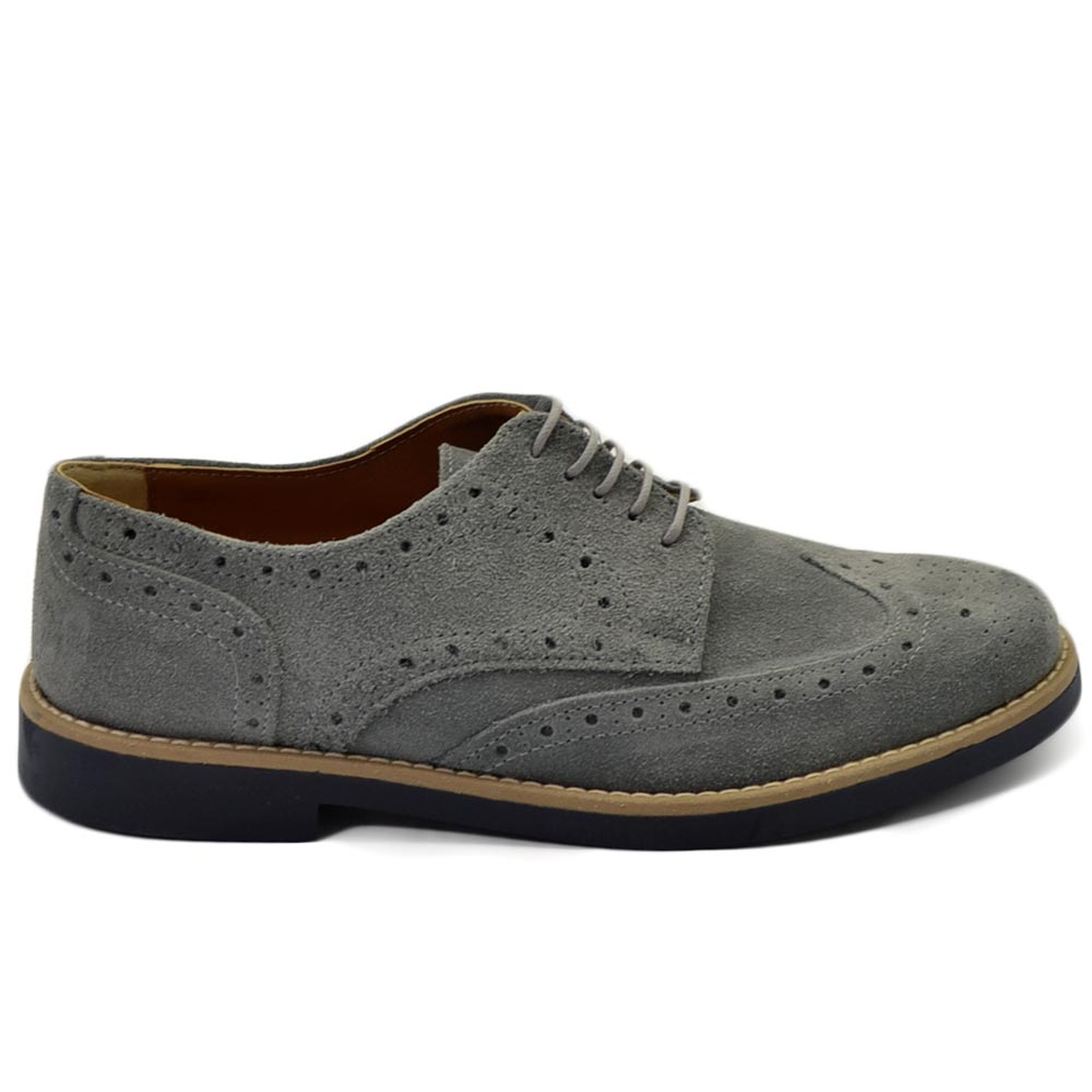 Scarpe uomo francesina stringata elegante ricamo vera pelle di camoscio grigio made italy fondo gomma intersuola cuoio