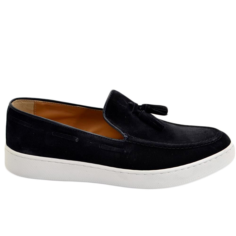 Mocassini uomo slip on classico sportivo in vera pelle camoscio blu cuciture in punta bon bon fondo bianco alto