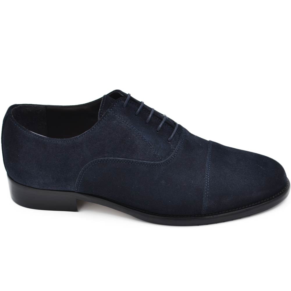 Scarpe uomo stringata elegante derby scamosciata vera pelle blu mezza punta made in italy fondo cuoio con antiscivolo