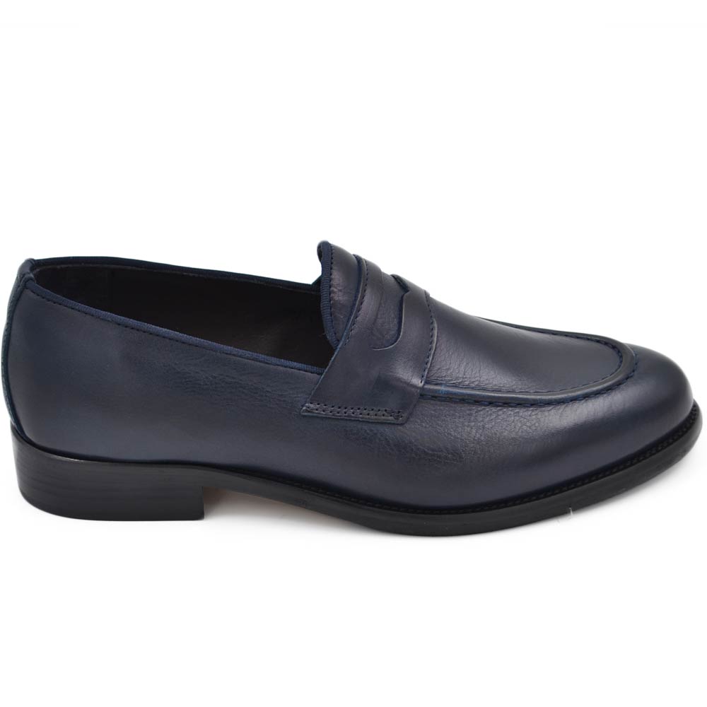 Mocassino uomo collage con bendina in vera pelle nappa blu matte classico elegante fondo cuoio con antiscivolo cerimonia