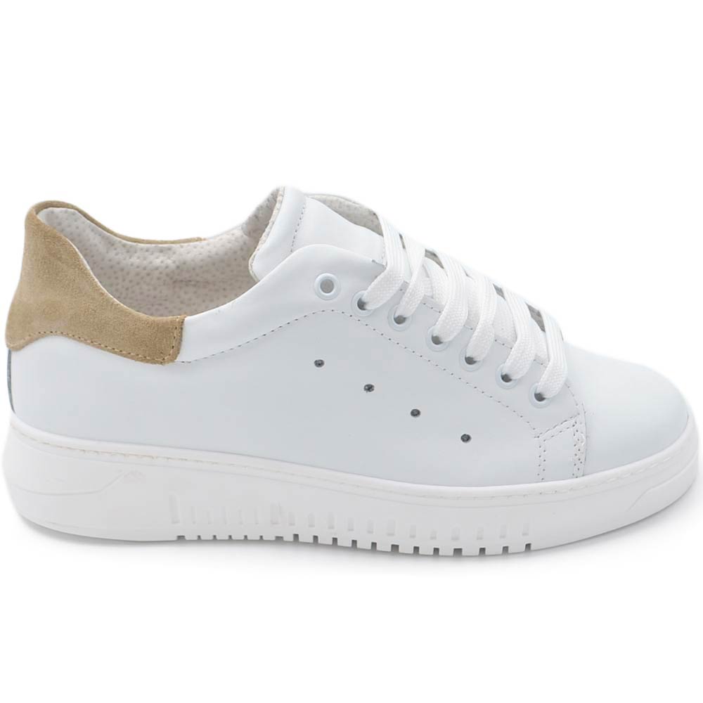 Sneakers uomo bianco in vera pelle con riporto beige camoscio fondo alto 4 cm anatomico moda street made in italy