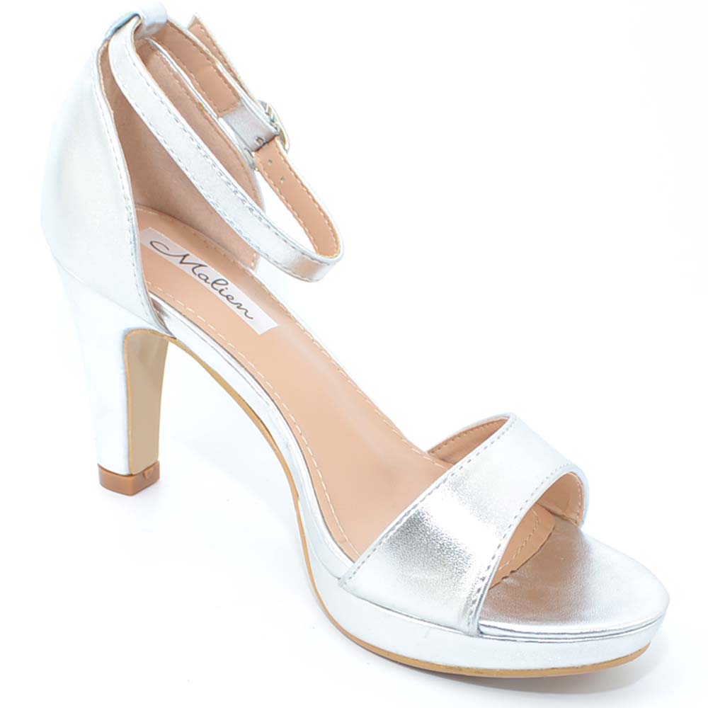 Sandalo donna in satinato argento con tacco comfort 6 cm e plateau linea basic con cinturino