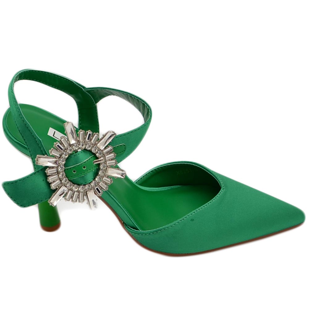 Decollete' scarpadonna gioiello in raso verde applicazione spilla cinturino alla caviglia tacco a spillo 10 comode