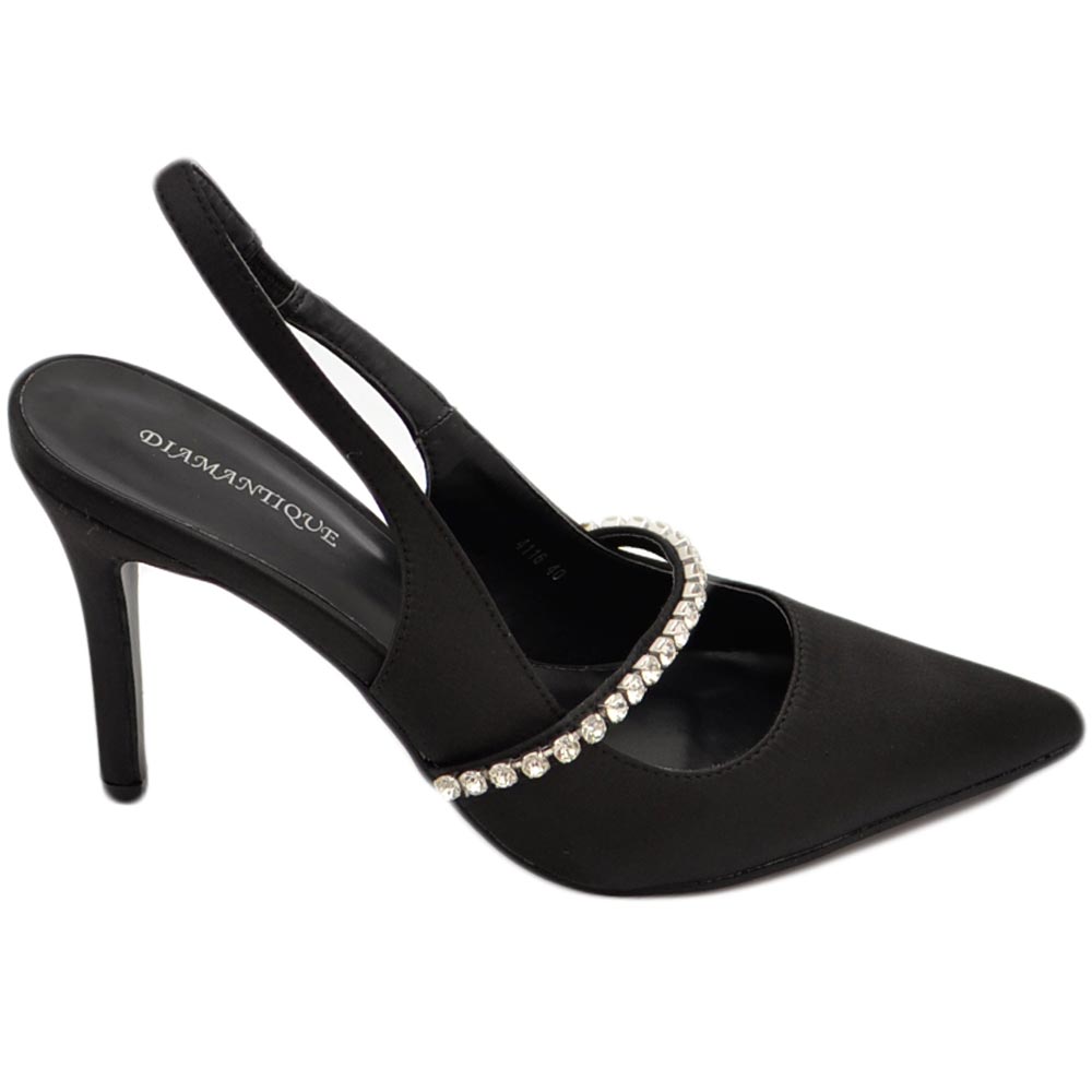 Scarpe decollete mules donna elegante punta in raso nero tacco 10 cerimonia open toe dettaglio strass