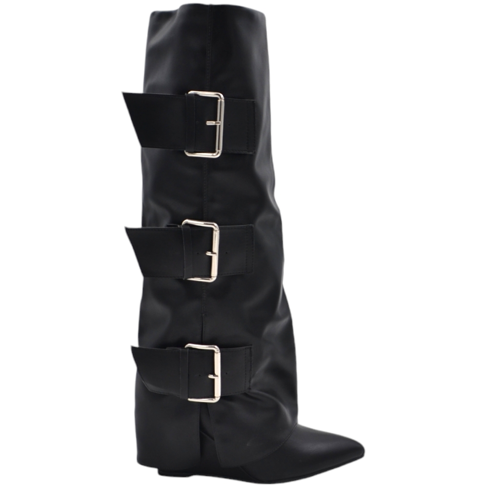 Stivali donna nero a punta al ginocchio con para risvolto modello shark zeppa 8 cm e con fibbie argento moda