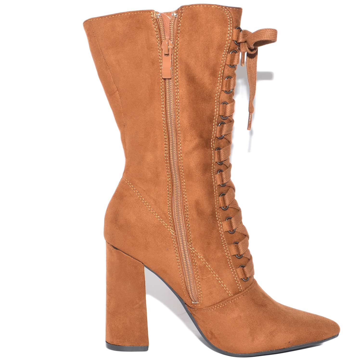 Tronchetto donna in camoscio cuoio stringato a punta tacco largo glamour zip 