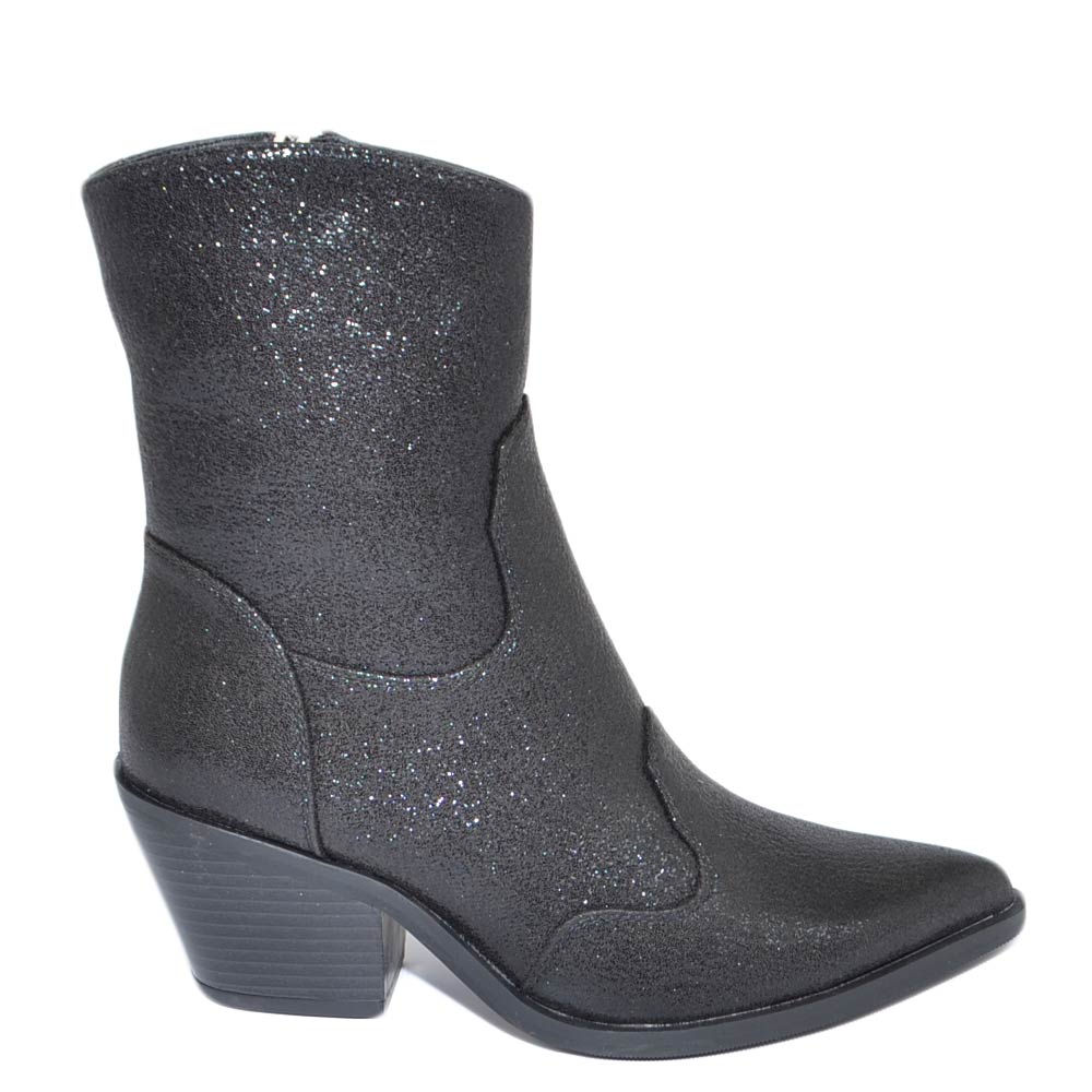 Tronchetto donna camperos stivaletto nero in lurex satinato con tacco western 5 cm comodo moda trend