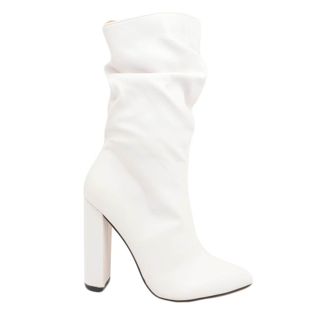 Scarpe tronchetto donna stivale bianco a punta aderente arricciato chiusura zip tacco largo alto 12 cm moda