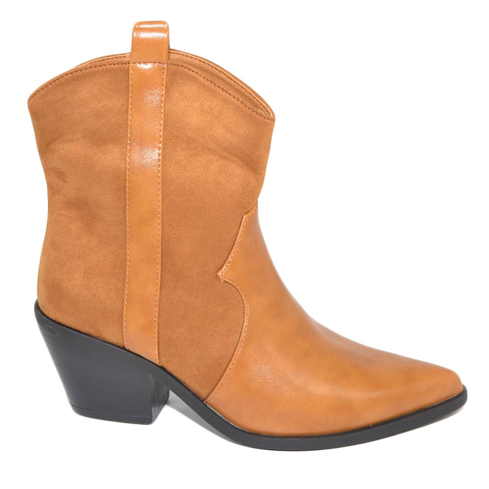 Stivaletti camperos donna cuoio texano tacco western 5 cm comodo a punta con zip pelle e camoscio moda.