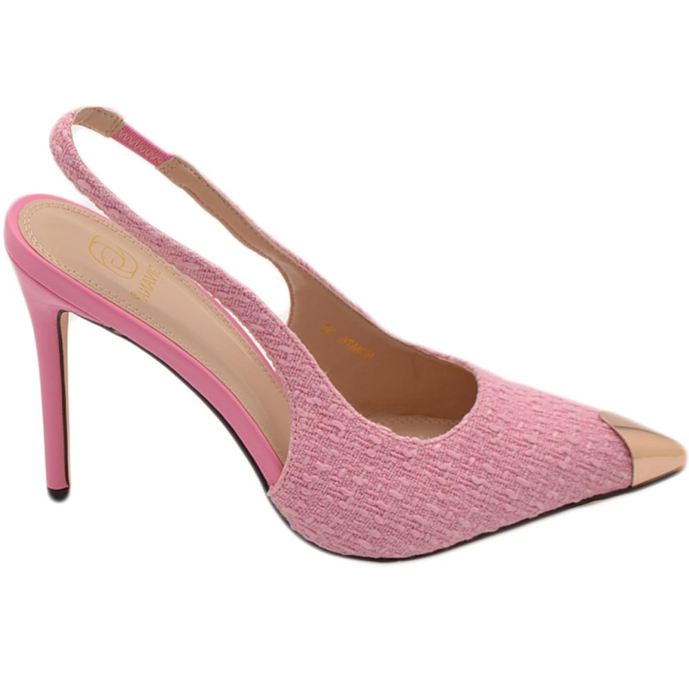 Decollete' donna rosa alto tacco a spillo 12 cm aperto dietro placca oro in punta tessuto ricamo moda cerimonia elegante.