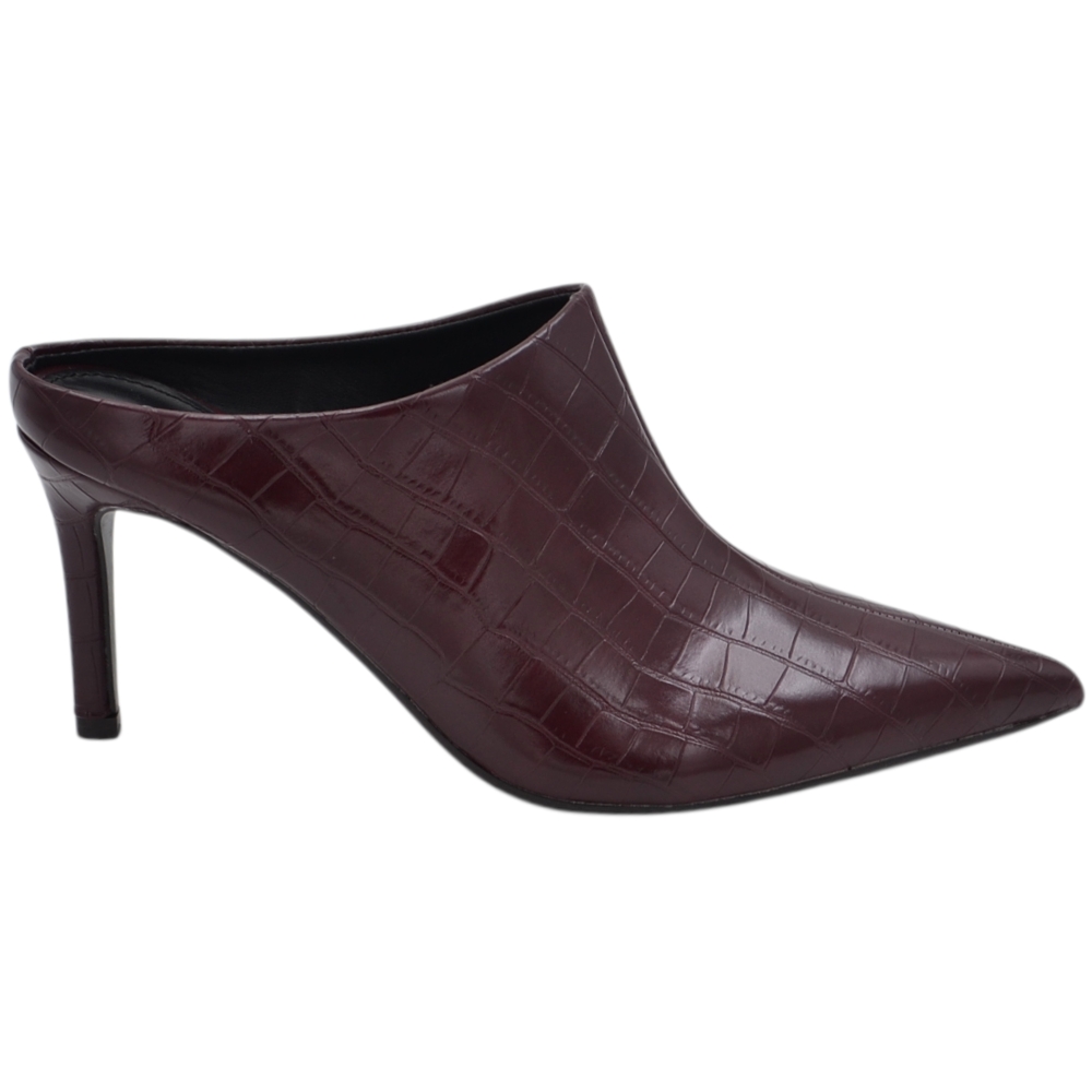 Sabot donna bordeaux stampa cocco senza chiusura con punta affusolata e tacco stiletto 9 cm.