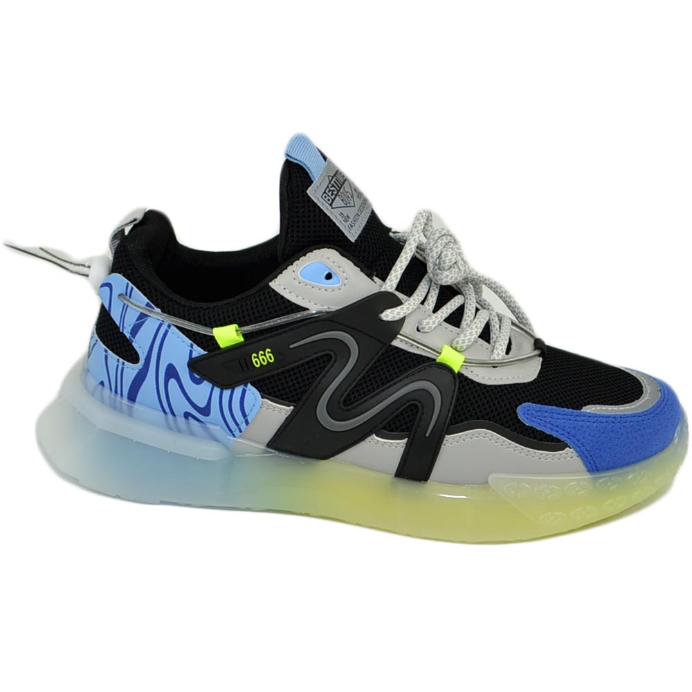 Sneakers uomo fondo arcobaleno trasparente hype tomaia elastica bicolore grigio blu nero lacci a contrasto moda trap