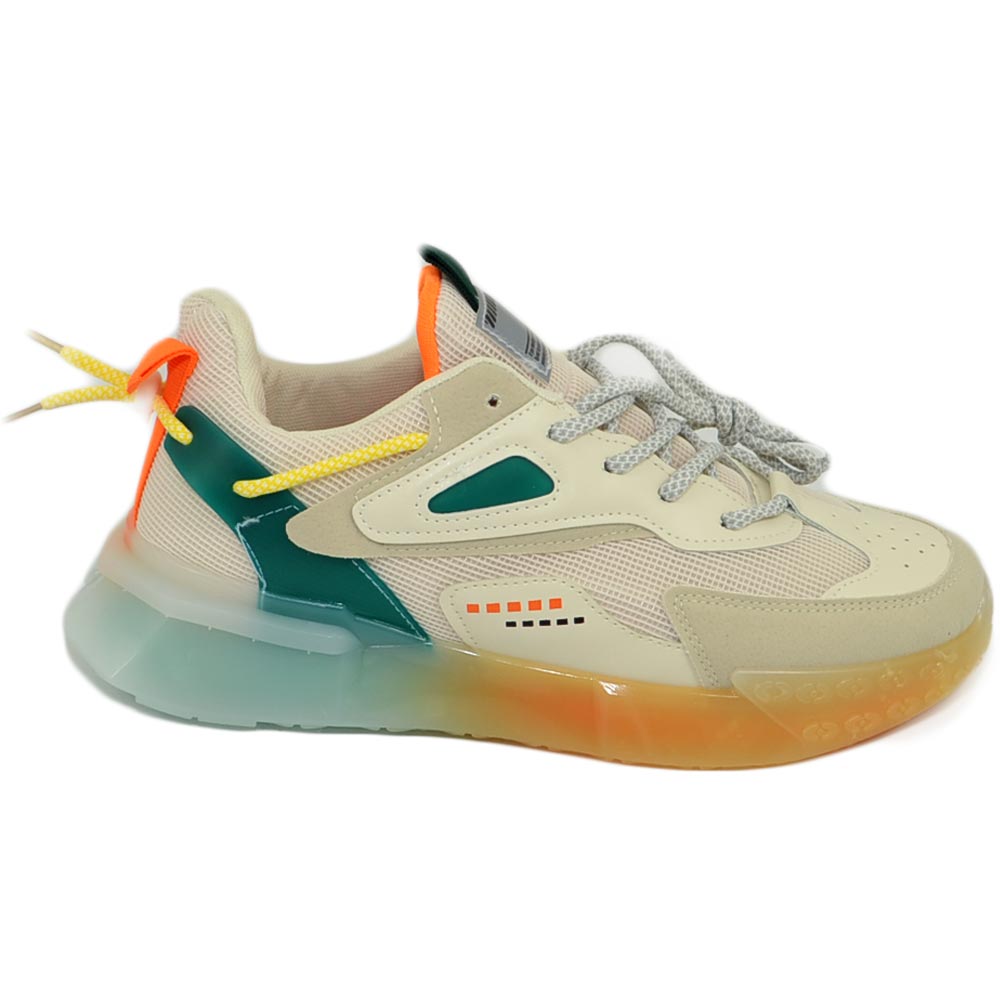 Sneakers uomo fondo arcobaleno trasparente hype tomaia elastica bicolore beige verde arancio lacci a contrasto moda trap