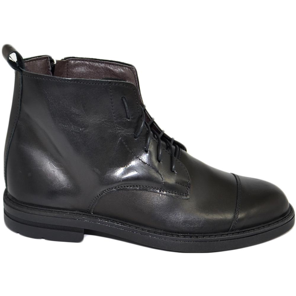 Scarpe stivale uomo anfibio lacci vera pelle nappa nero spazzolato suola gomma zip comfort moda basic made in italy