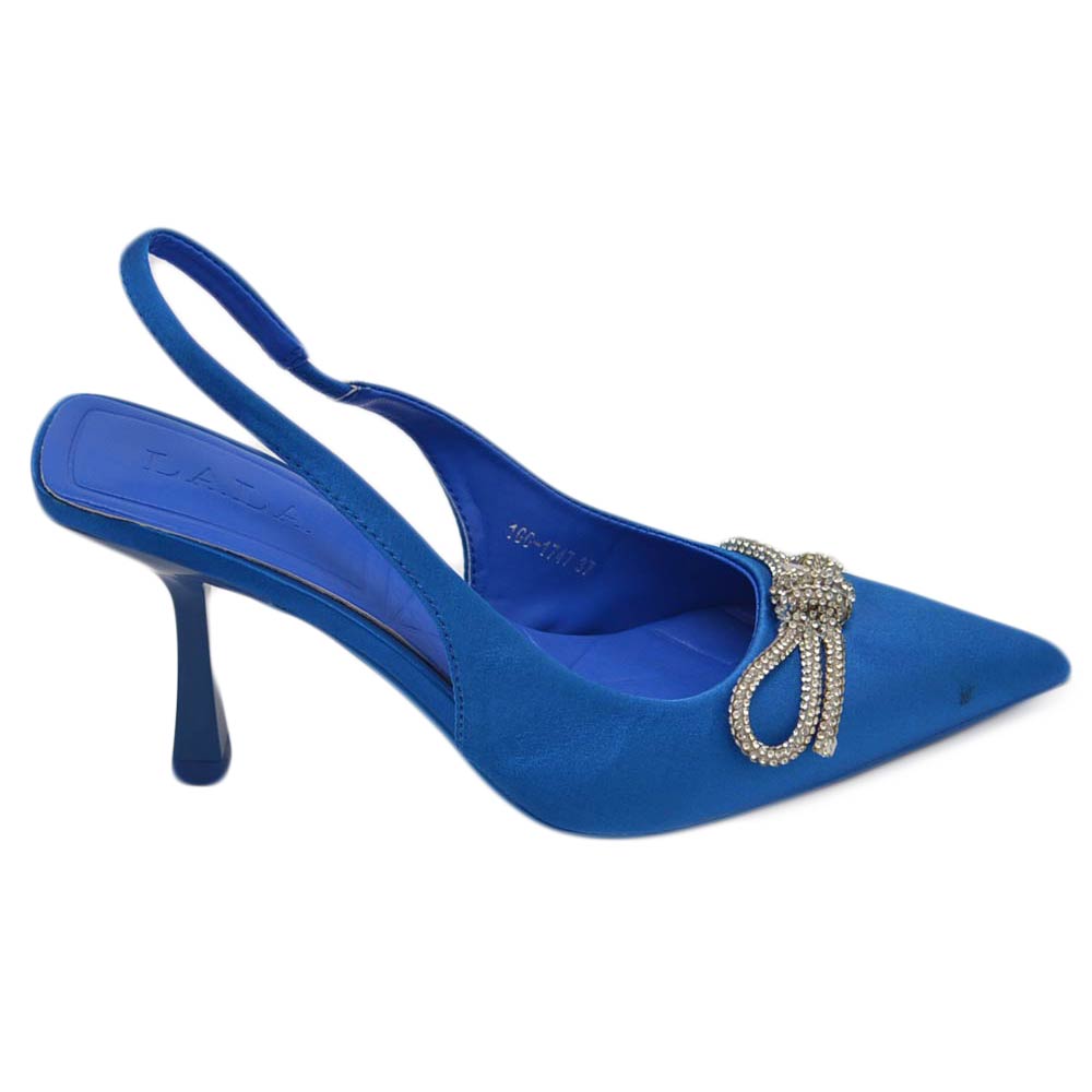 Decollete' donna gioiello elegante fiocco strass in raso blu royal tacco a spillo 80 slingback fisso moda