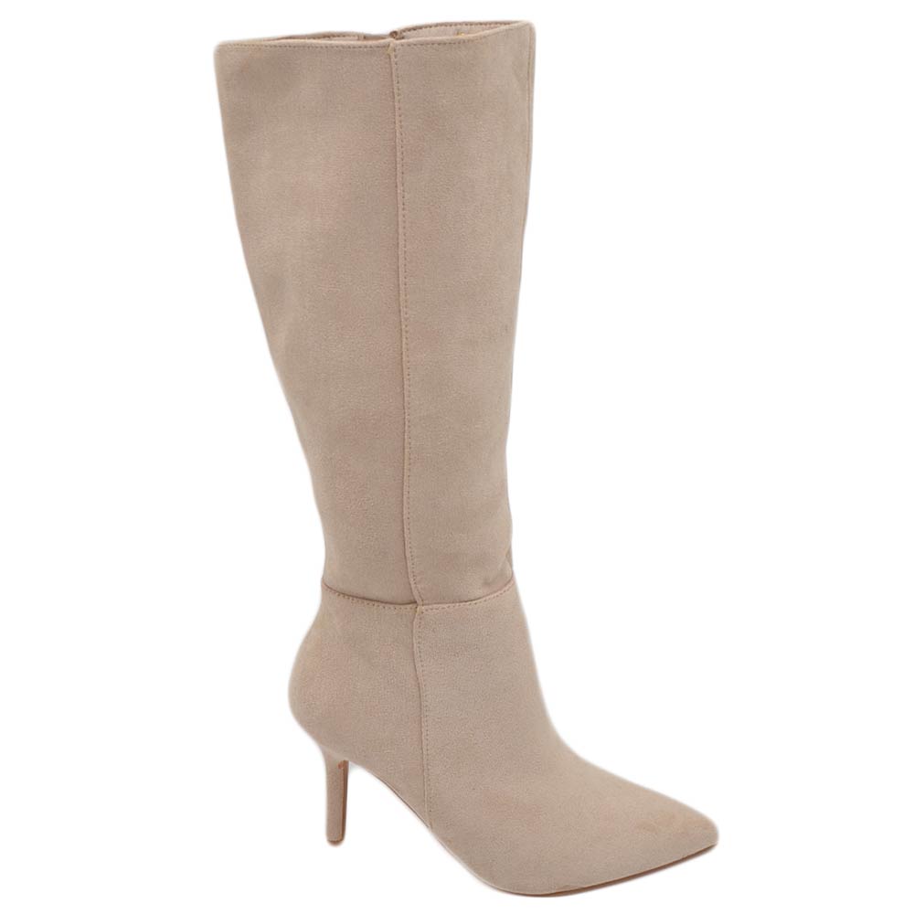 Stivali alti donna al ginocchio in ecopelle scamosciata beige punta tacco spillo 10cm zip lunga morbido moda linea Basic