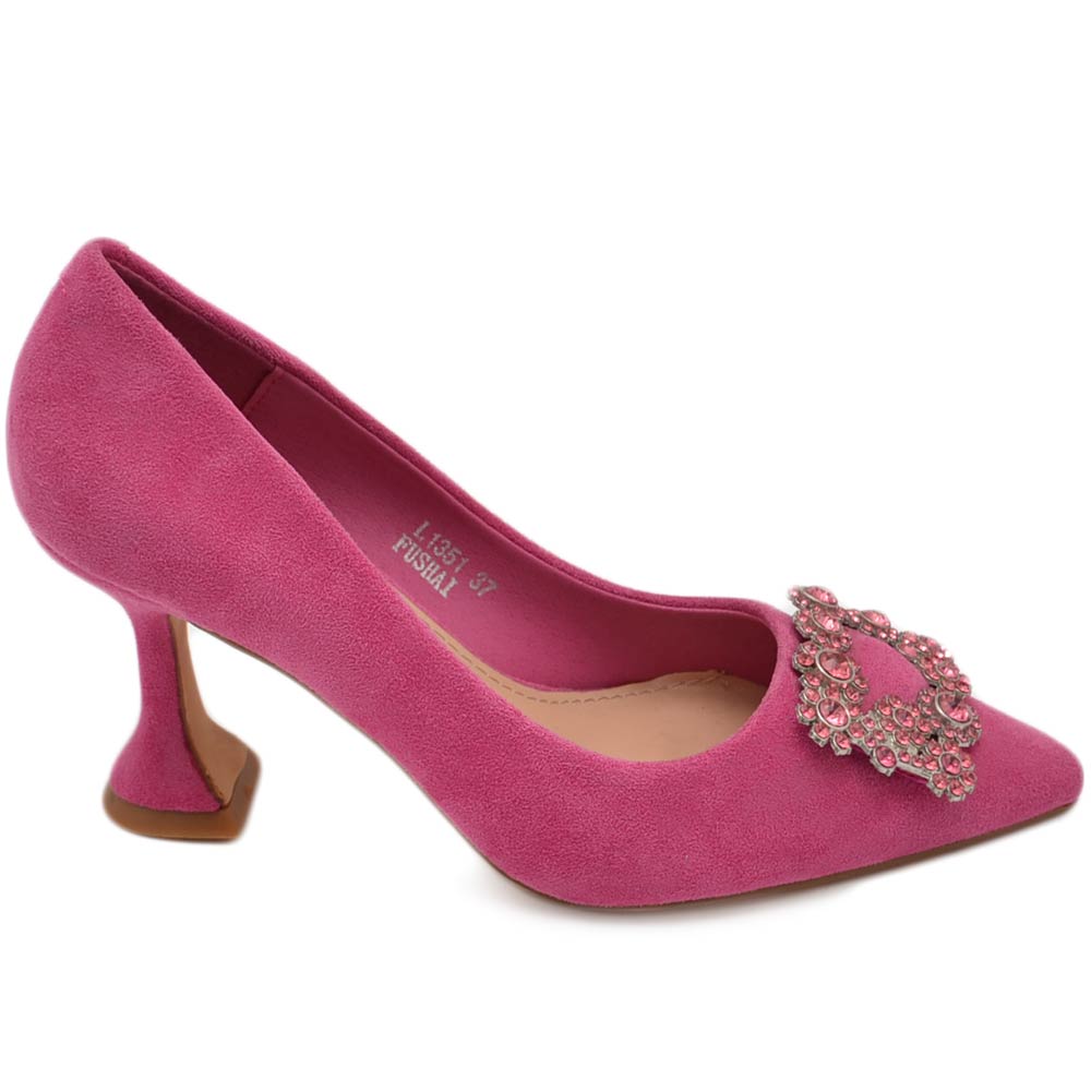 Scarpa decollete' donna in camoscio fucsia con accessorio spilla di strass luminosi punta tacco martini 9 cm.