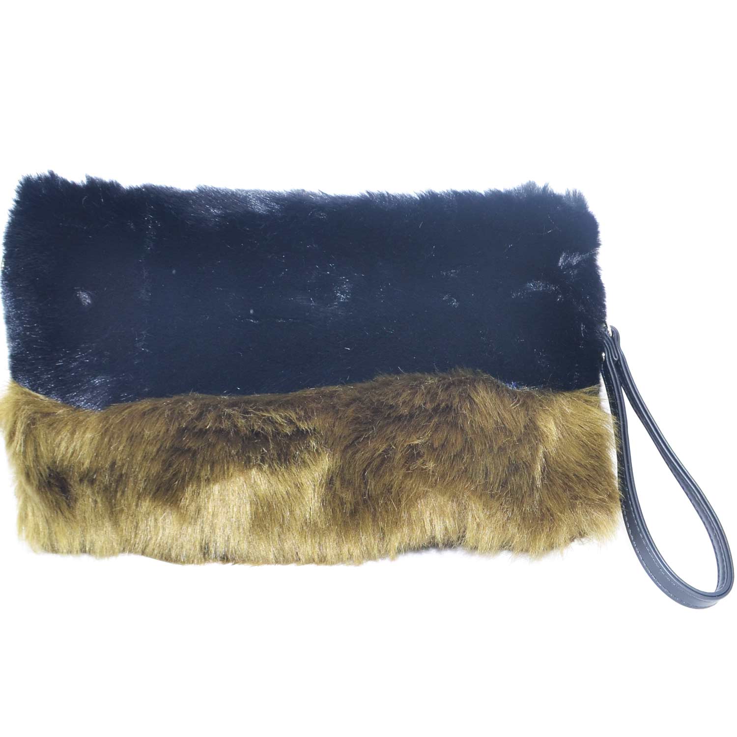 Pochette rettangolare in peluche bicolore nera e verde con catena e bracciolo