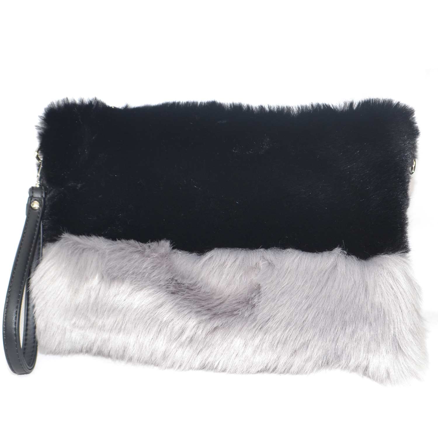 Pochette rettangolare in peluche bicolore nera e grigia con catena e bracciolo