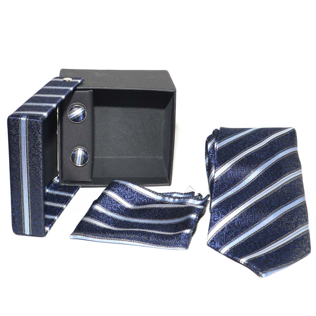 Set cravatta pochette e gemelli in raso blu notte a fantasia confezione regalo per professionisti e collezionisti.