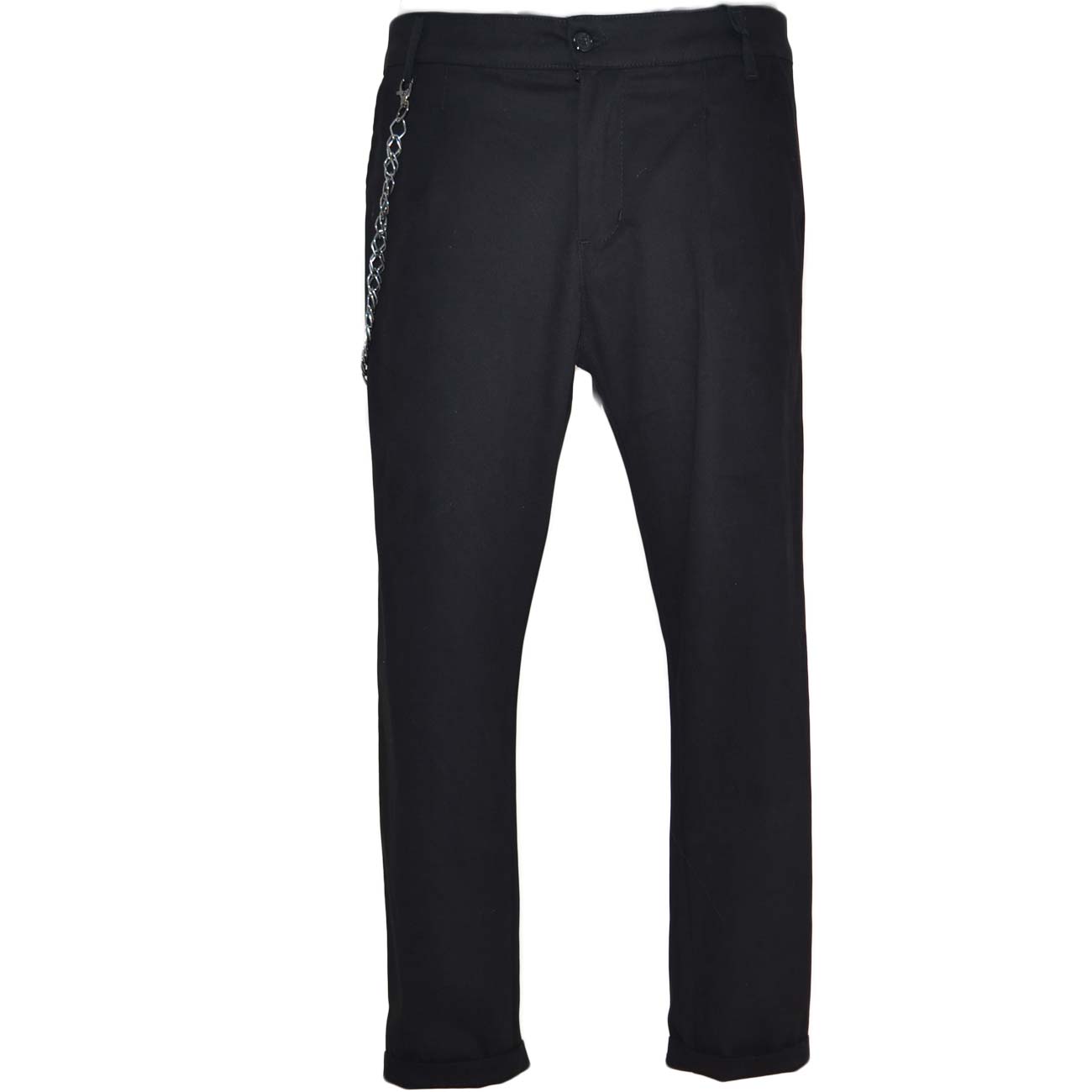 Pantaloni uomo cropped neri a cavallo basso con accessorio catena moda e bottone frontale classico sportivo tendenza.