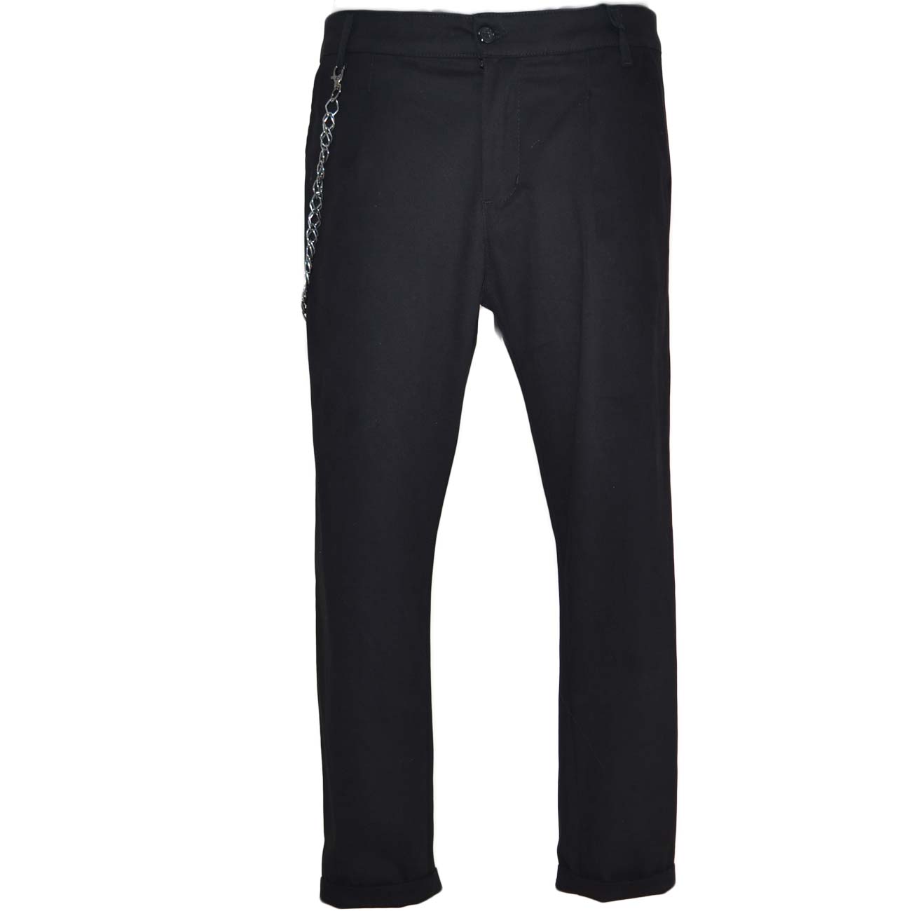 Pantaloni uomo cropped neri a cavallo basso con accessorio catena moda e bottone frontale classico sportivo tendenza