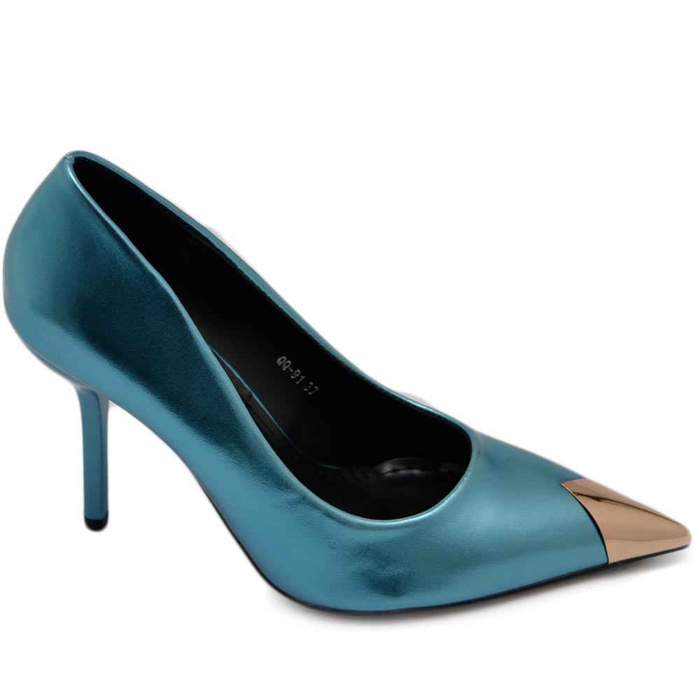 Decolette' donna pelle matte azzurro verde effetto sirena con punta oro tacco 12 cm spillo 