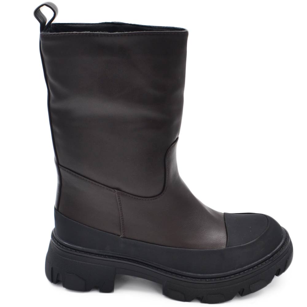 Stivaletti donna platform boots combat bicolore marrone punta nera gommata impermeabile fondo alto zip tendenza.