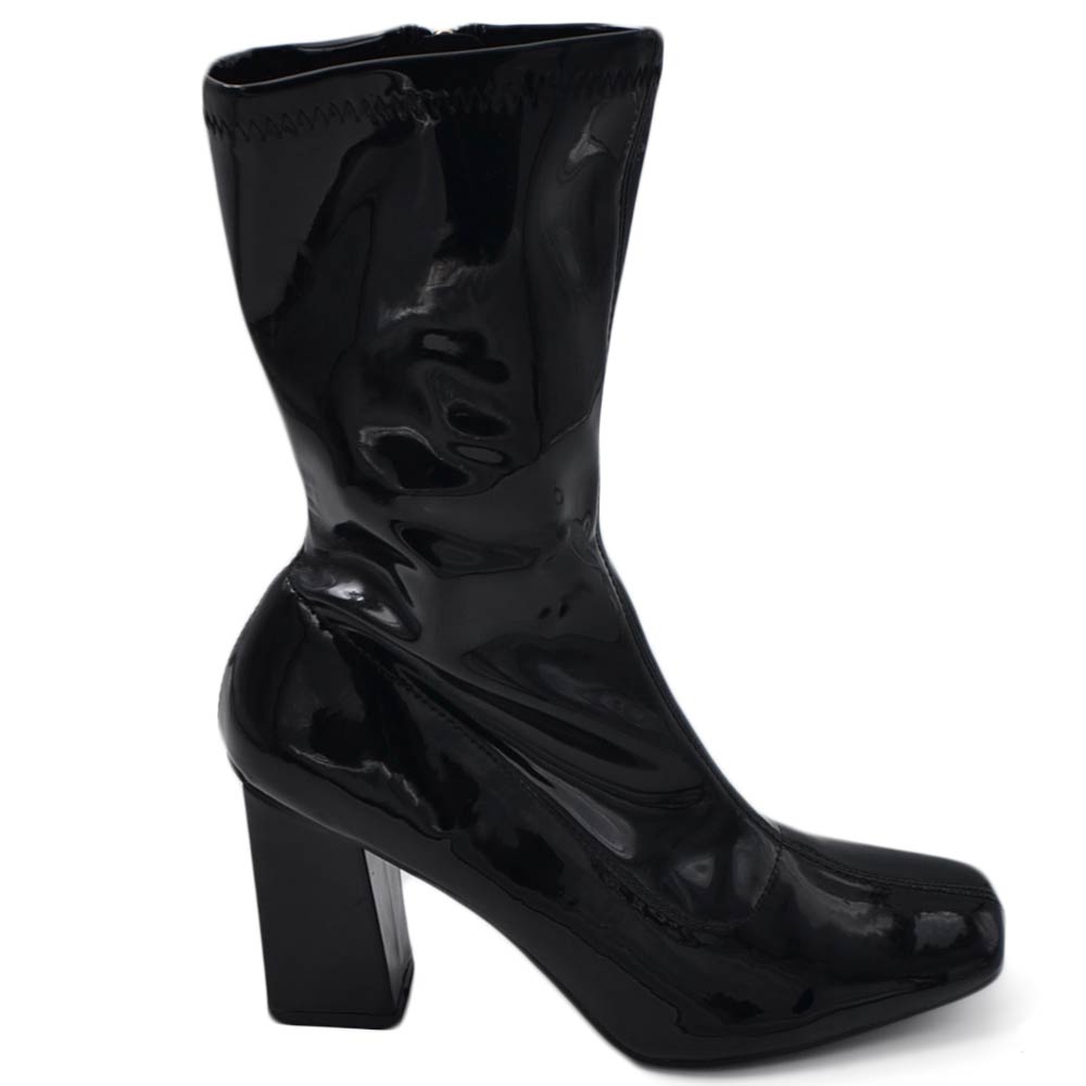 Tronchetti alti donna nero lucido a punta quadrata tacco comodo doppio 6cm effetto calzino zip moda .