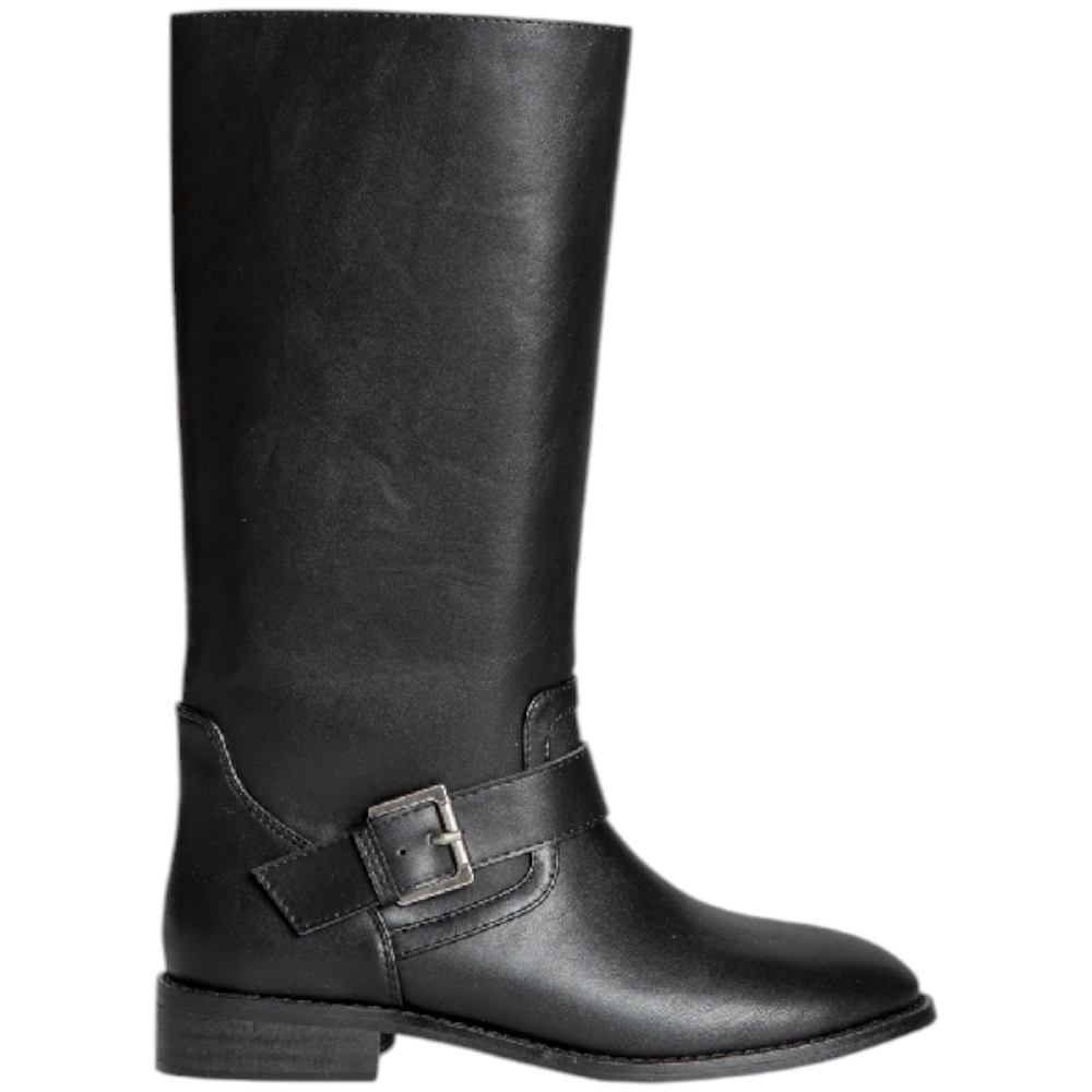 Stivali Corina Biker in pelle nero morbido liscio punta tonda fibbia argento tacco 2,5 cm